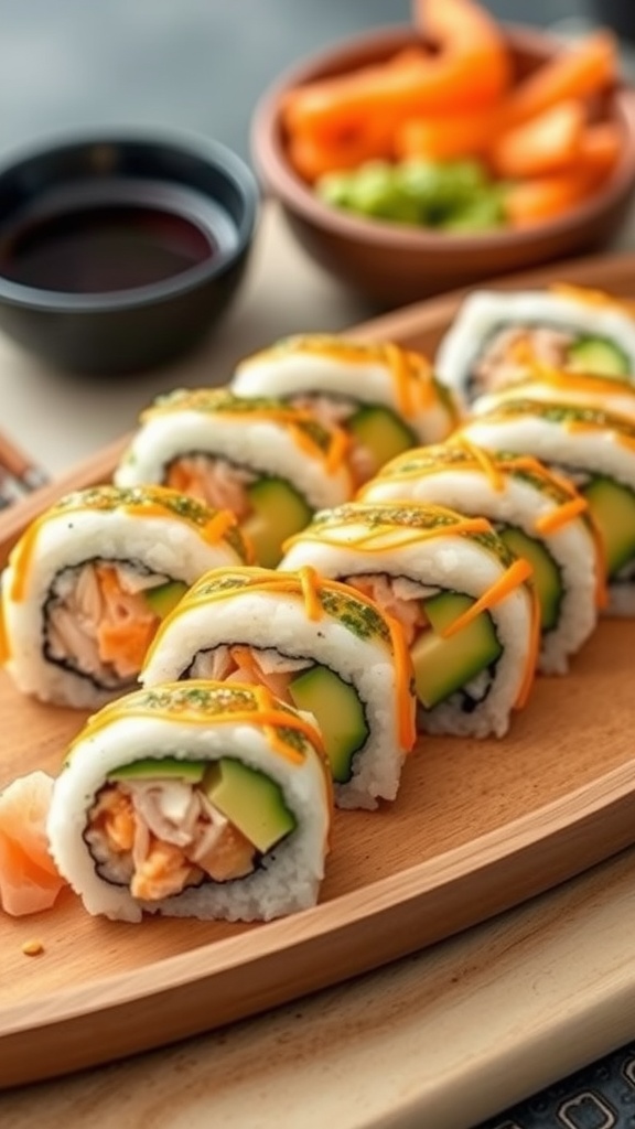 California roll sushi on a wooden platter with soy sauce, pickled ginger, and wasabi.